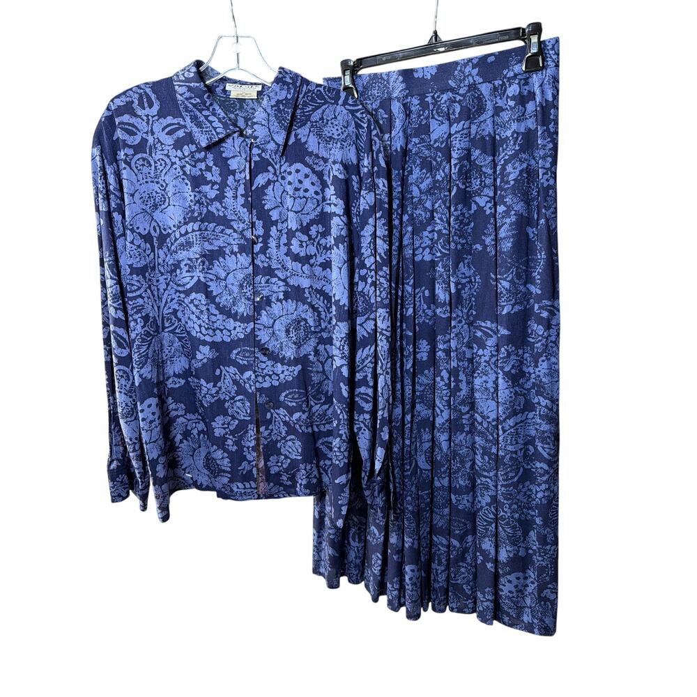 Jaeger Vintage Blue Floral Blouse & Pleated Skirt Set US 4 Small